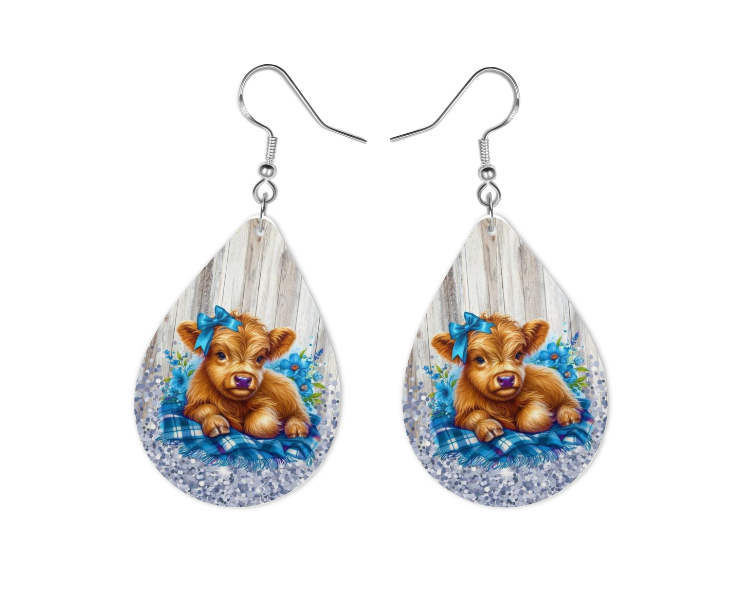 Highland Cow Blue Earrings, Fashion Design, Teardrop Earring