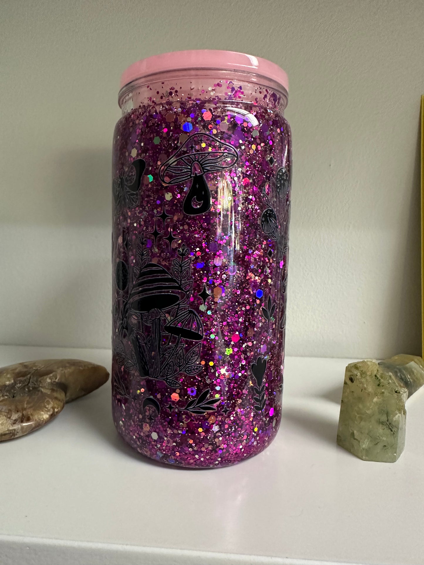 Mushroom Pink Snow Globe Glitter Tumbler