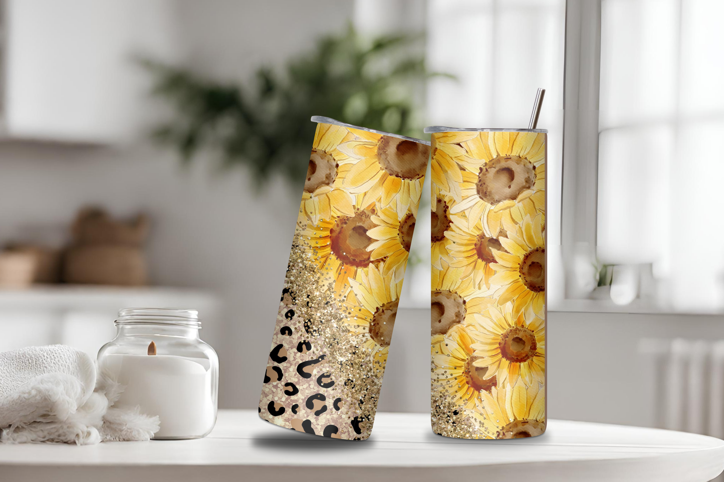 Sunflower Cheetah Tumbler, 20 oz skinny tumbler, custom tumbler, drinkware