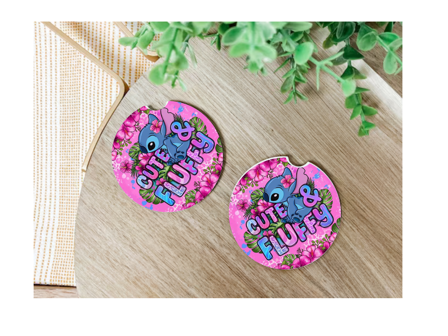 Stich Cute & Fluffy Car Coasters, neoprene material, car accessory