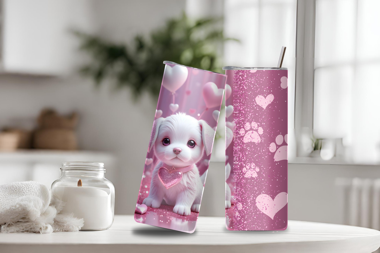 White Puppy Tumbler, 20 oz skinny tumbler
