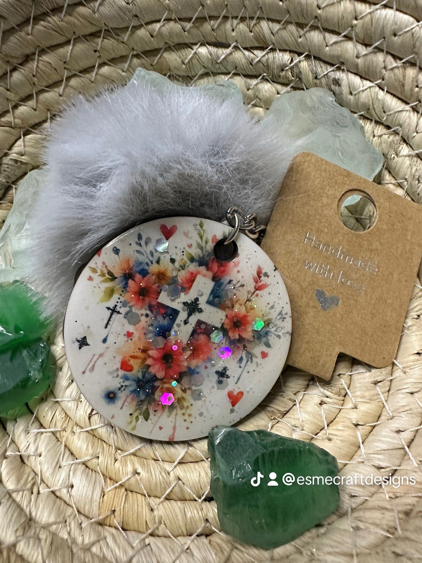 Cross Glitter Pom Pom Keychain