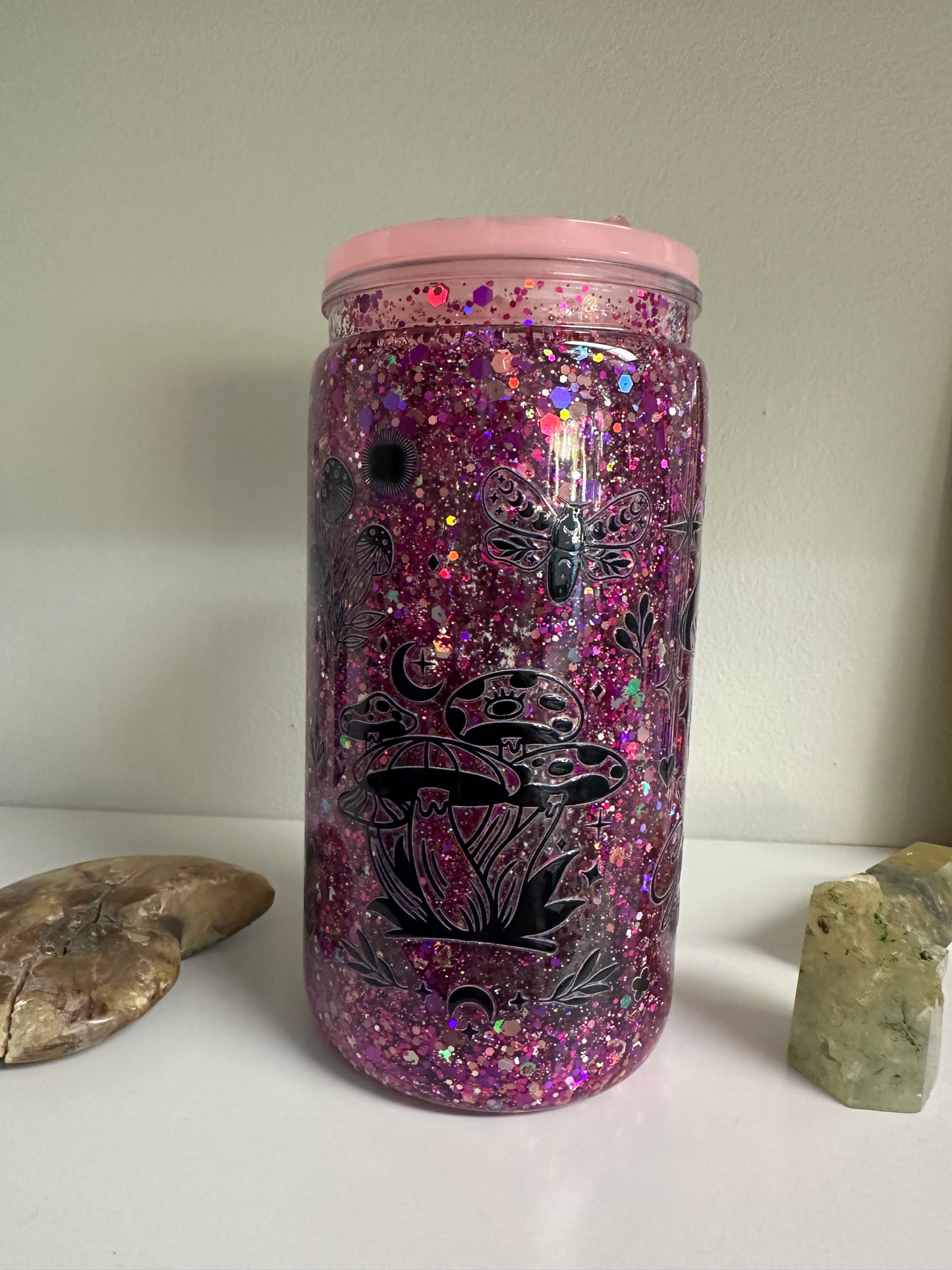 Mushroom Pink Snow Globe Glitter Tumbler