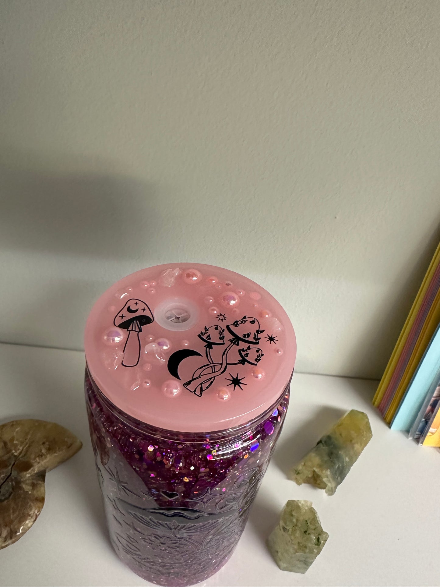 Mushroom Pink Snow Globe Glitter Tumbler