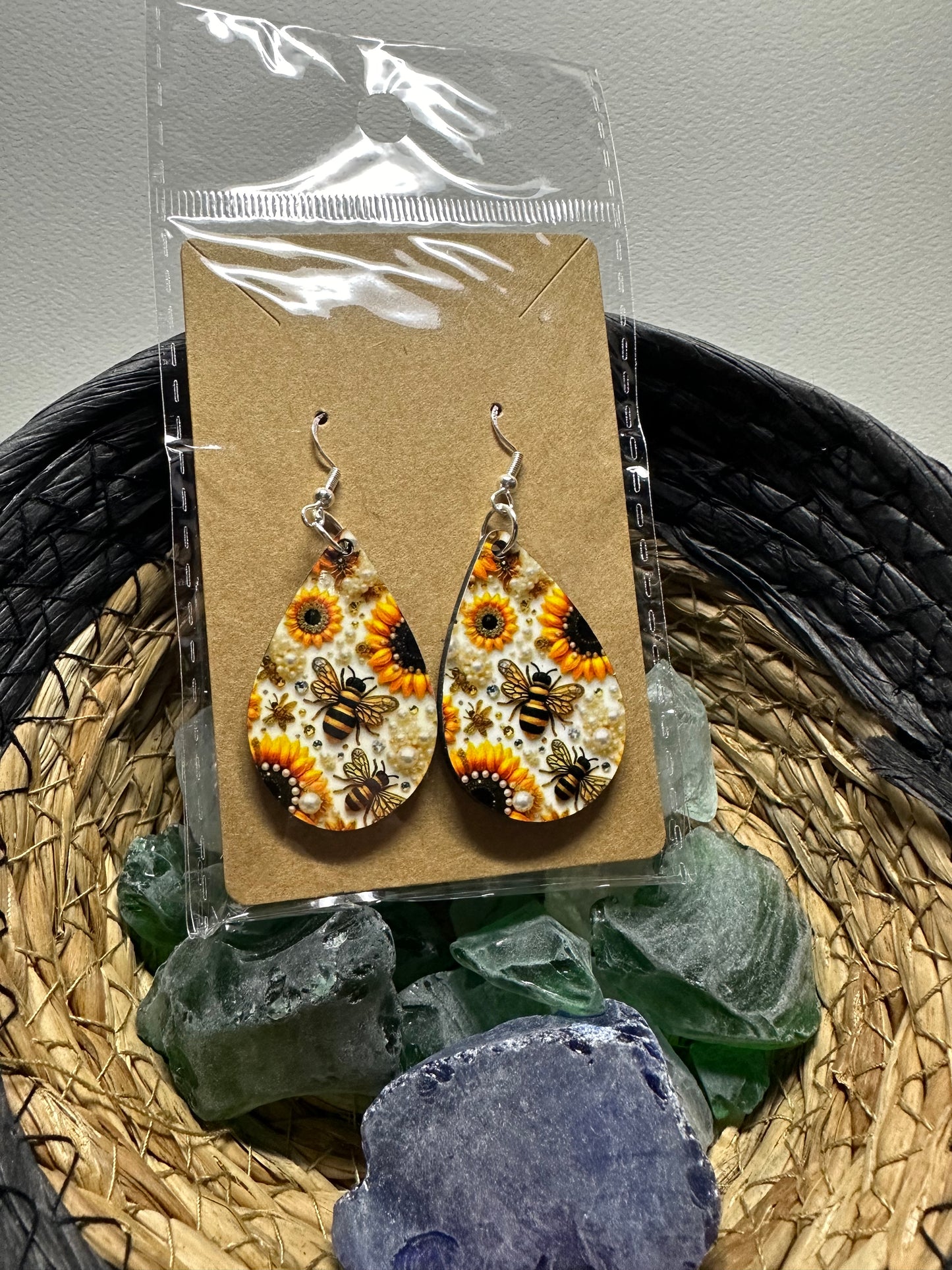 Sunflower Bees Drop Earrings, custom made