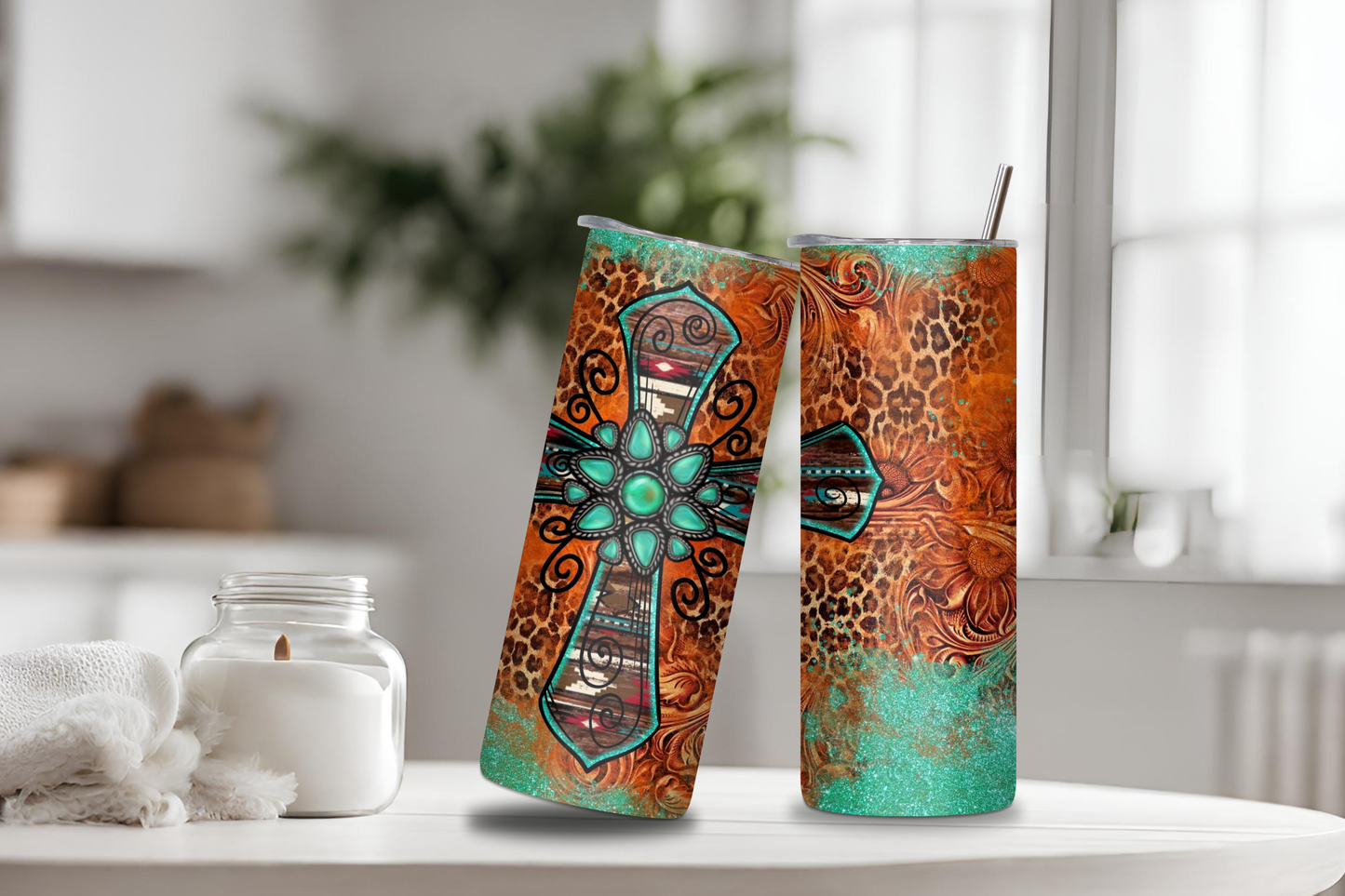 Aesthetic Cross Tumbler, 20 oz skinny tumbler, custom tumbler, drinkware