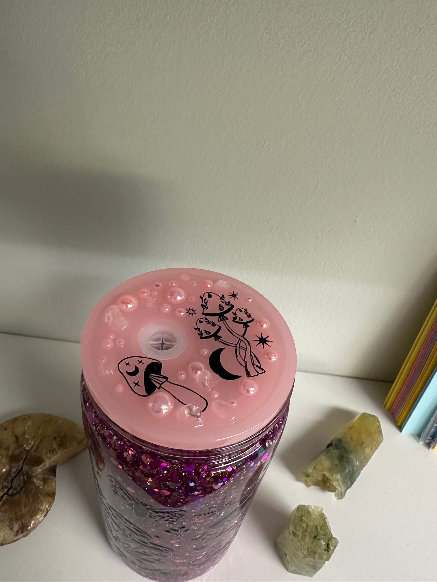 Mushroom Pink Snow Globe Glitter Tumbler