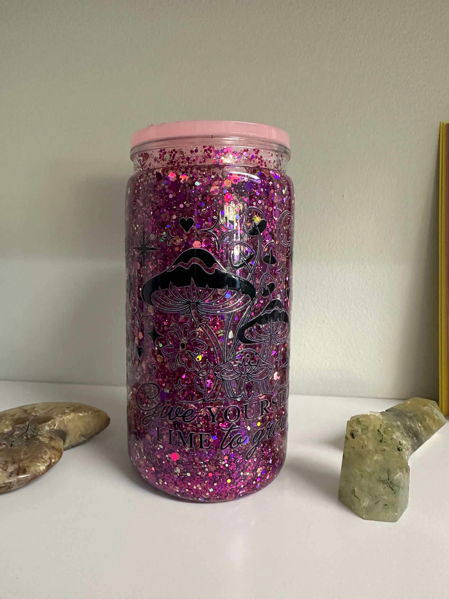 Mushroom Pink Snow Globe Glitter Tumbler