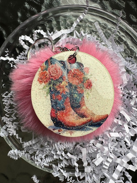 Cow Girl Boots Glitter Pom Pom Keychain