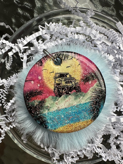 Beach Adventure Glitter Pom Pom Keychain