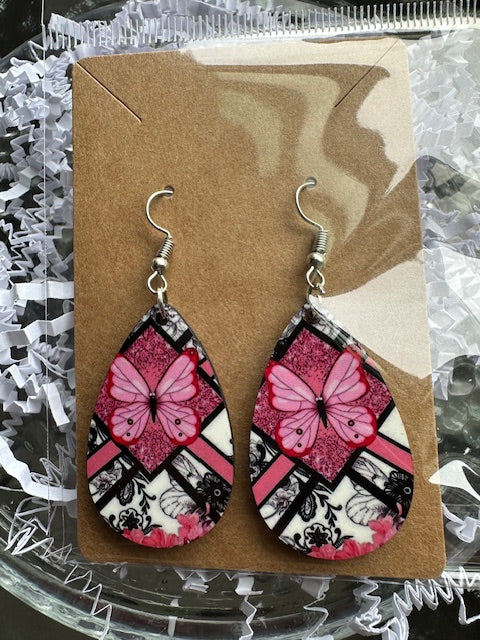 Pink Butterfly Earrings, Fashion Design, Teardrop Earring
