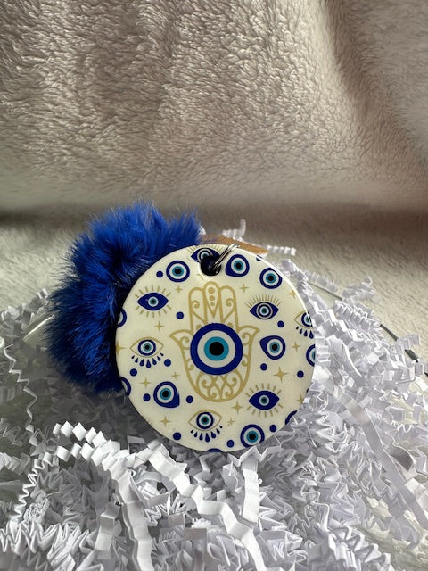 Evil Eye Pom Pom Keychain, White