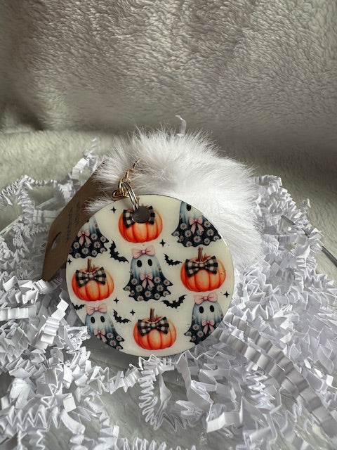 Ghost Pumpkin Pom Pom Keychain