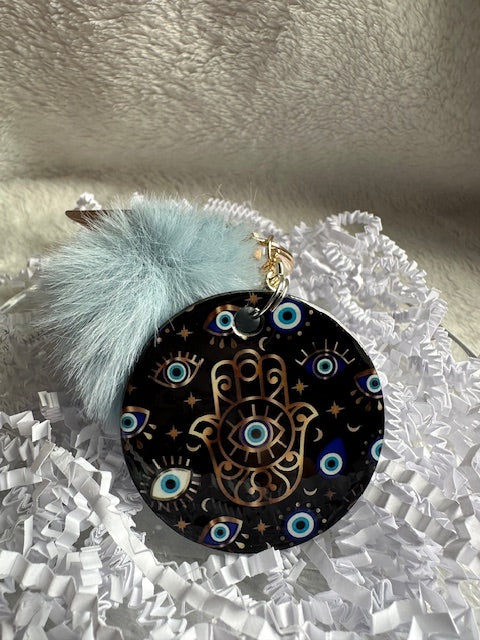 Evil Eye Pom Pom Keychain, Gold