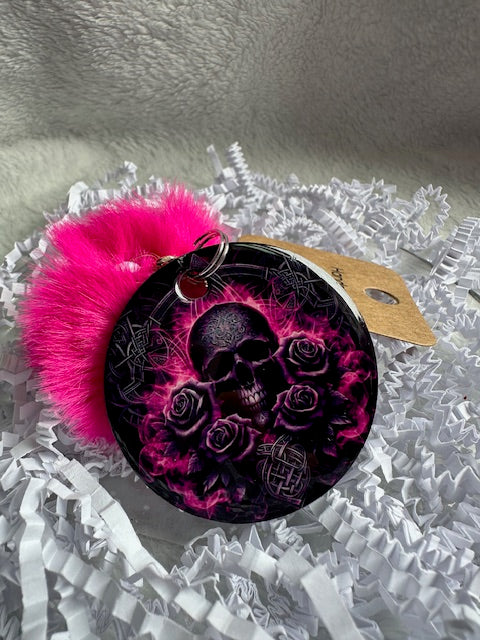 Skull Roses Pom Pom Keychain