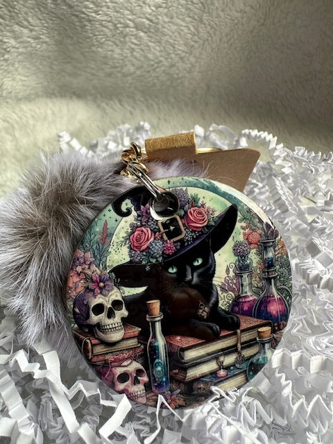 Witchy Cat Pom Pom Keychain