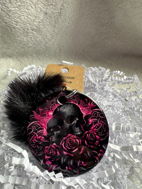 Skull Roses Pom Pom Keychain