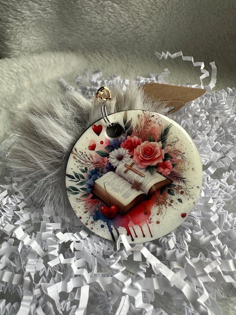 Bible Cross Pom Pom Keychain