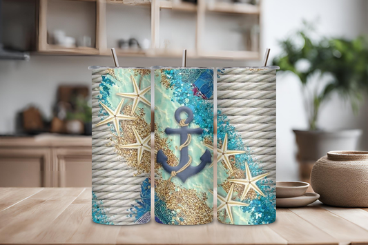 Ocean Blue Anchor Tumbler, 20 oz skinny tumbler, custom tumbler, drinkware
