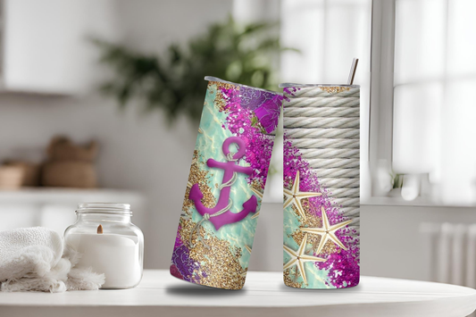 Ocean Pink Anchor Tumbler, 20 oz skinny tumbler, custom tumbler, drinkware