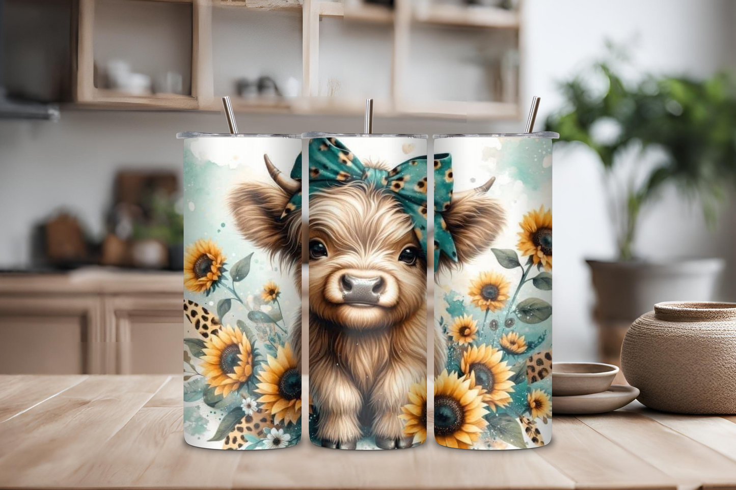Cute Sunflower Cow Tumbler, 20 oz skinny tumblers, custom tumbler, drinkware