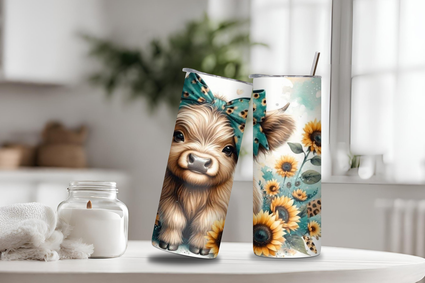 Cute Sunflower Cow Tumbler, 20 oz skinny tumblers, custom tumbler, drinkware