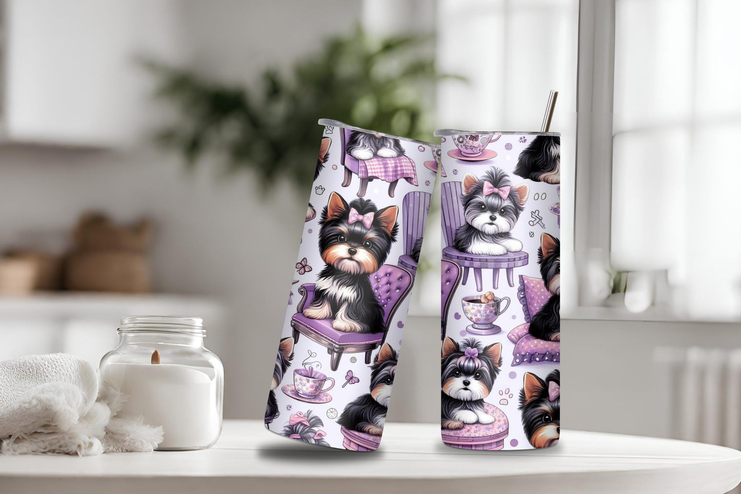 Cute Dog Purple Tumbler, 20 oz skinny tumbler, custom tumbler, drinkware