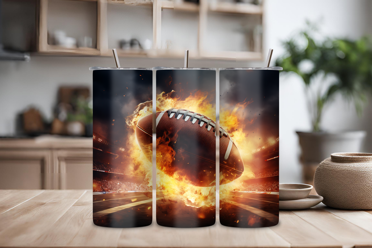 Football On Fire Tumbler, 20 oz skinny tumbler, custom tumbler, drinkware
