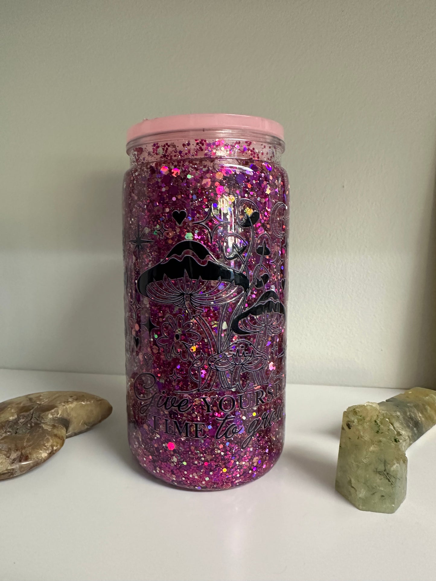 Mushroom Pink Snow Globe Glitter Tumbler