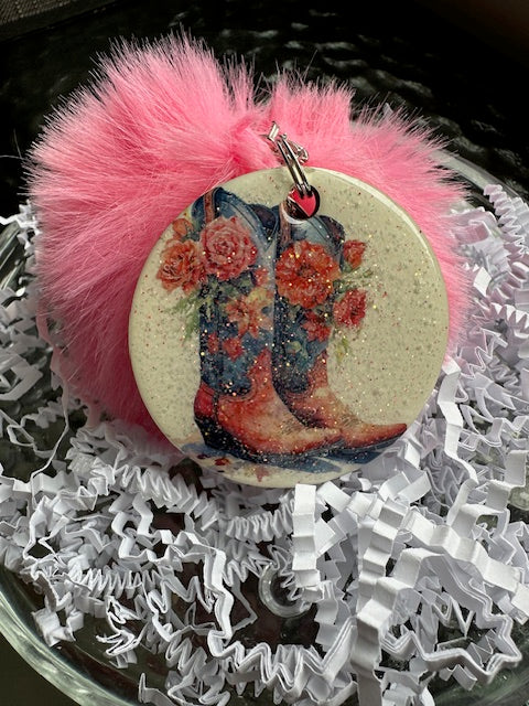 Cow Girl Boots Glitter Pom Pom Keychain