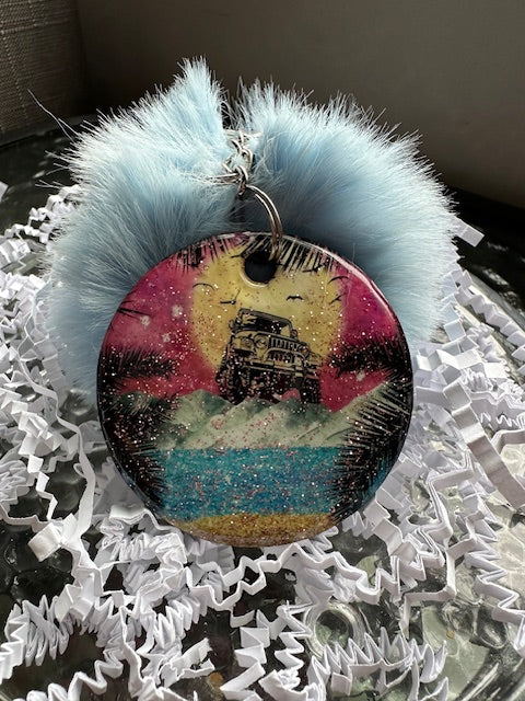 Beach Adventure Glitter Pom Pom Keychain