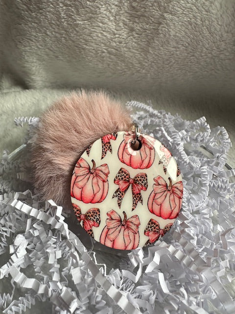 Bows and Pumpkin Pom Pom Keychain