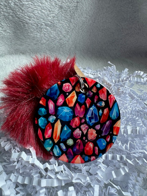 Colorful Crystals Pom Pom Keychain